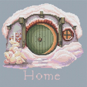 May include: A cross-stitch pattern of a round, green door with a brown frame, set into a white, fluffy, cloud-like structure. The door has a round window and the text "Home" is written below the structure.