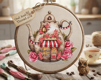 Vintage Tea Shop Cross Stitch Pattern, Floral Teapot Embroidery Chart (PDF)