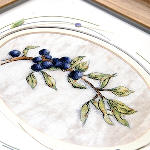 May include: A framed embroidery of a branch with dark blue berries and green leaves on a white background.