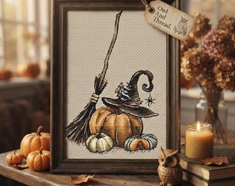 Kreuzstichmuster mit Hexenhut-Kürbissen, Halloween-Stickvorlage, gruselige Herbst-Wanddeko (PDF)