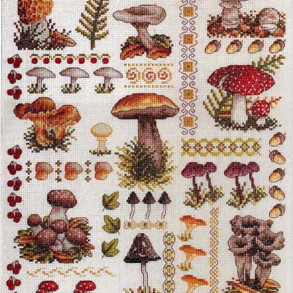 Vintage Pattern Cross Stitch Mushroom Sampler PDF Instant Digital Download