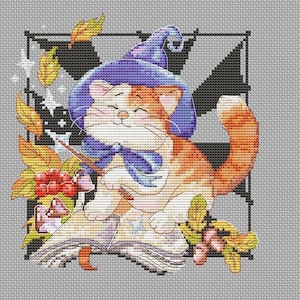 Cat Halloween PDF Pattern Cross Stitch Fairy Tale Animal Magic Sorcery Embroidery Instant Digital Download