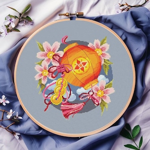 Chinese Lantern PDF Pattern Cross Stitch Oriental Flower Embroidery Instant Digital Download