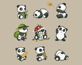 Panda Cross Stitch Pattern Set, Funny Kawaii Designs, Small Embroidery Chart (PDF)