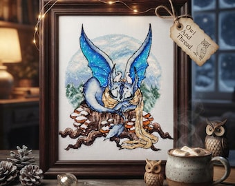Kreuzstichmuster „Schlafender blauer Drache“, Winterfantasie-Stickvorlage (PDF)