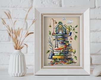 Pattern PDF Cross Stitch Reading Hut Book Fantasy Embroidery Lkacross Instant Digital Download