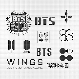 May include: Black and white pixel art design featuring the text "BTS" and various logos, including a stylized "B" with wings, a flower, and a symbol with the text "Army". The text "Wings" and "You Never Walk Alone" are also included in the design.