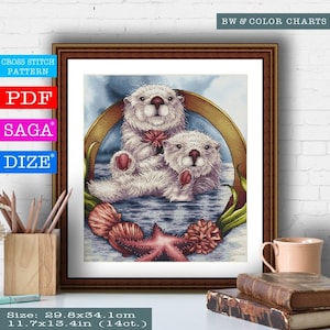 Op de afbeelding: Kruissteekpatroon met twee witte otters die zwemmen in een blauwe oceaan met een zeester en schelpen. Het patroon is beschikbaar als PDF-download. De grootte van het patroon is 29,8 cm bij 34,1 cm en gebruikt 14-count stof.