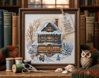 May include: A framed cross-stitch embroidery depicting a two-story house covered in snow, with a tag reading OWL AND THREAD COLLECTION SERENE WINTER HAVEN PATTERN WOODLAND TALES SERIES. Includes spools of thread, scissors, and an owl figurine.