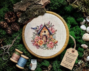 Birdhouse Spring Garden Cross Stitch Pattern, Floral Cottage Embroidery Chart (PDF)