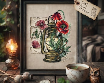 Kreuzstichmuster Mohnlaterne, Stickvorlage für botanische Mohnblumen (PDF)