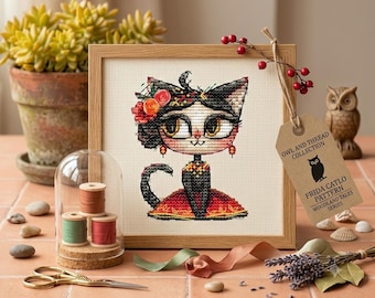 Modèle de point de croix Frida Catlo, portrait de chat artistique, broderie féministe (PDF)