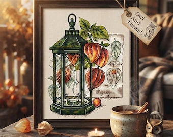 Physalis-Laterne Kreuzstichmuster, Herbstliche botanische Stickvorlage (PDF)
