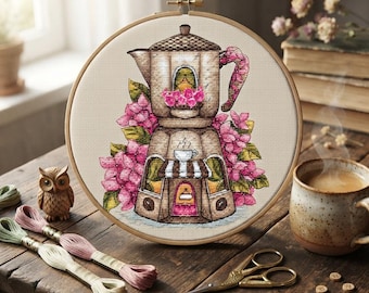 Kreuzstichmuster „Kaffeehaus“, Märchenhafte Cottagecore-Küchenkunst (PDF)
