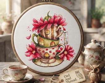 Tea Cup House Cross Stitch Pattern, Whimsical Kitchen Embroidery Chart (PDF)