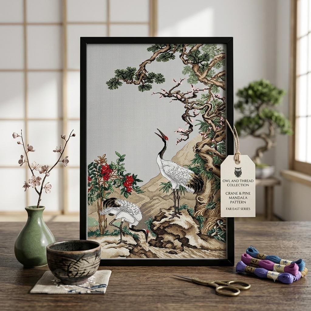 Pine Plum Cranes Cross Stitch Pattern: Asia Japan Embroidery (PDF