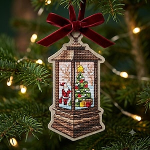 Vintage Lantern Cross Stitch Pattern, 3D Ornament PDF, Cottagecore Street Lamp Embroidery Chart Download