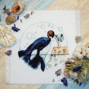 Kiss While Orca Pattern PDF Cross Stitch Girl Sea Embroidery Lkacross Instant Digital Download