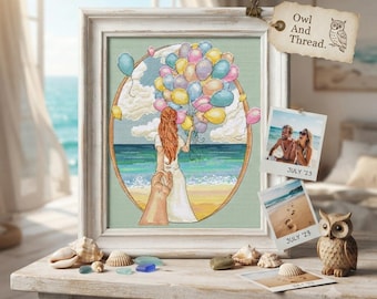 Romantisches Strandballon-Kreuzstichmuster, Stickvorlage für Sommerreisen (PDF)