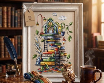 Skurriles Bücher Turm Kreuzstich Stickmuster, Fantasy Bibliothek Kunst (PDF Download)