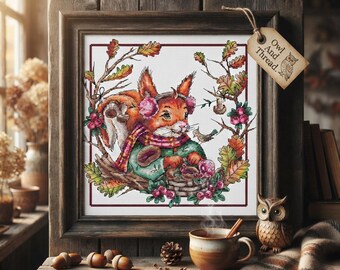 Gemütliches Herbst-Eichhörnchen-Kreuzstichmuster, Stickvorlage für Waldtiere (PDF)