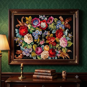 Puede incluir: Una pieza de arte mural rectangular enmarcada que presenta un vibrante arreglo floral con flores rojas, rosas, blancas y azules sobre un fondo negro, dentro de un marco de madera marrón oscuro con detalles dorados en las esquinas.