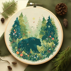 Bear Forest Pattern PDF Cross Stitch Embroidery Lkacross Instant Digital Download