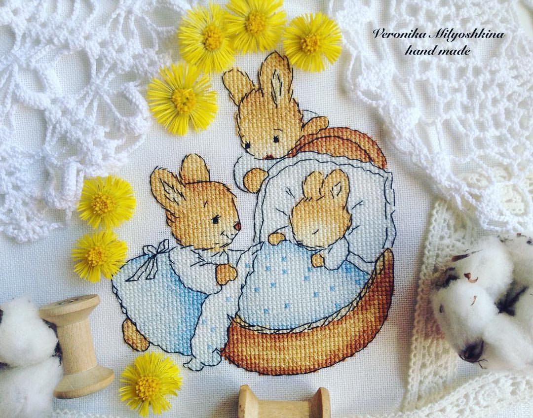 Chainstitch Rabbit Bunny Family Cross Stitch Pattern, Baby Rabbit Crib Embroidery Chart ...