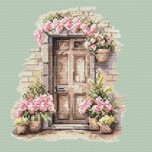 Door Flower PDF Pattern Cross Stitch Spring Nature House Home Embroidery Instant Digital Download