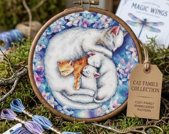 Mutter Katze schlafende Kätzchen Kreuzstich-Muster, Florale Kinderzimmer-Kunst (PDF)