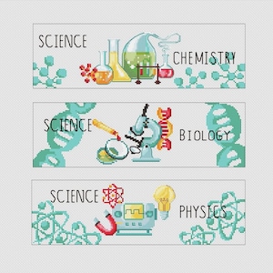 3 bladwijzers wetenschap pdf-patroon kruissteek natuurkunde scheikunde biologie borduurwerk direct digitale download