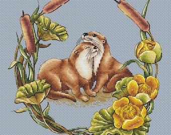 Otter Couple Cross Stitch Pattern, Woodland Animal Love Embroidery Chart (PDF)