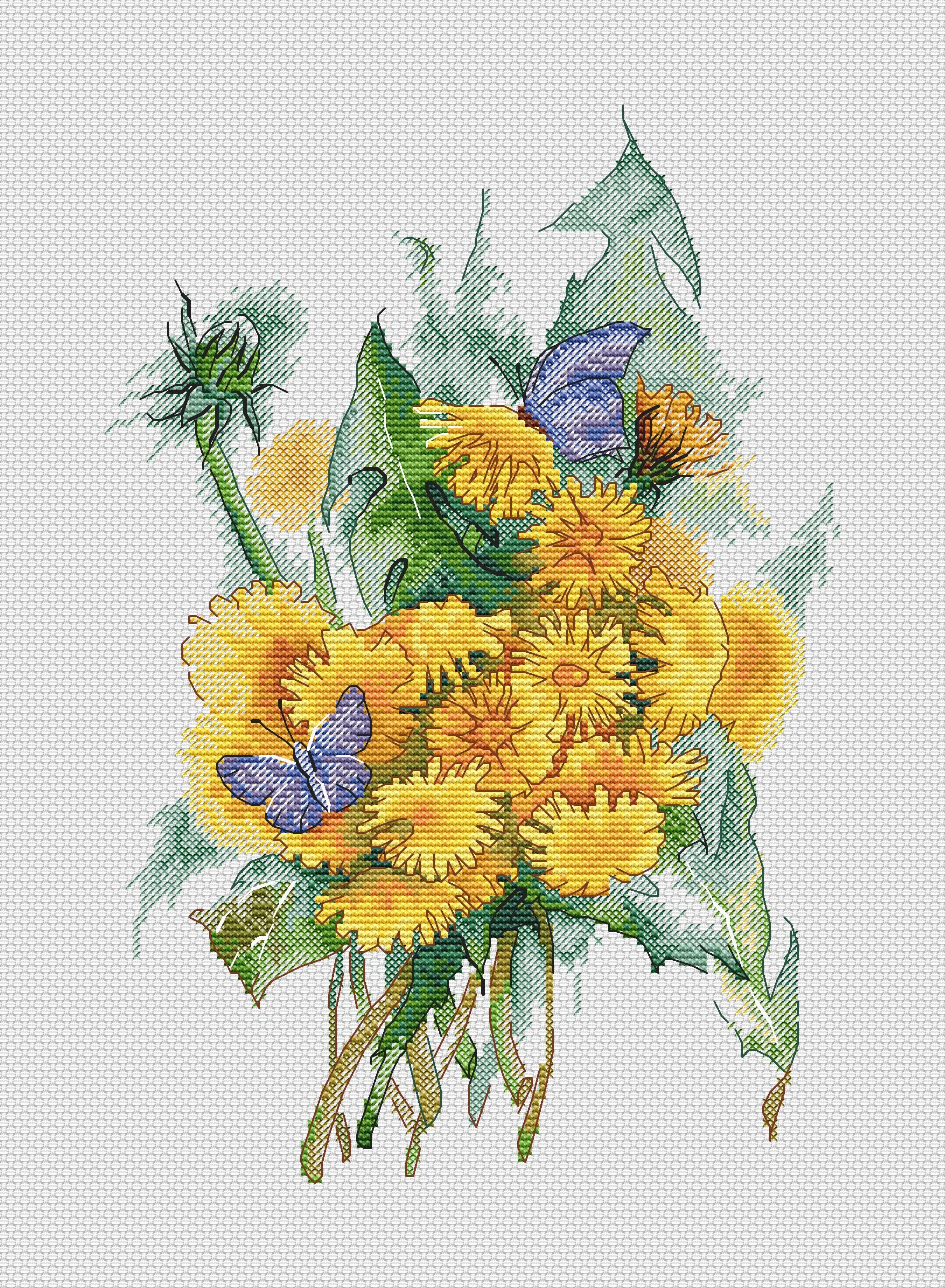 タンポポページ タンポポの水彩画ブーケのクロスステッチパターン（PDFパターン