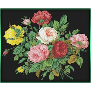 Rozenboeket, antiek bloemdessin, vintage steekontwerp, pdf-patroon kruissteek zomerbloem borduurwerk instant digitale download 1890