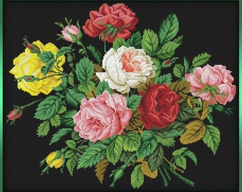 Kreuzstich-Muster antiker Rosenstrauß: Vintage Blumenstickerei (PDF-Muster)