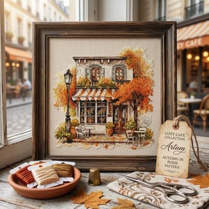 Motif de point de croix de café d'automne, broderie de scène de boulangerie européenne confortable PDF
