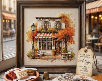 Autumn Cafe Cross Stitch Pattern, Cozy European Bakery Scene Embroidery PDF
