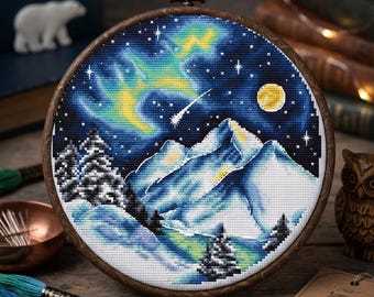 Nordlichter-Kreuzstichmuster, Winterberge, Nachthimmel-Stickvorlage (PDF)