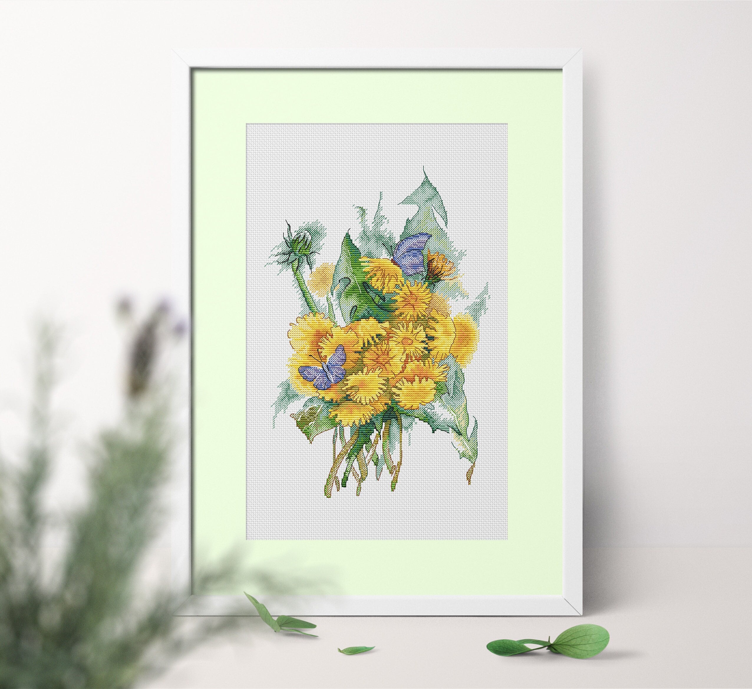 タンポポの水彩画ブーケのクロスステッチパターン（PDFパターン