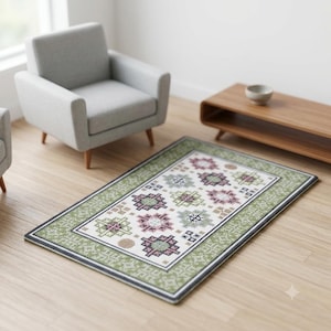 May include: A rectangular area rug featuring a white center with a repeating pattern of geometric floral motifs in shades of sage green, dusty rose, and dark gray, framed by a wide sage green border with a white intricate geometric pattern.