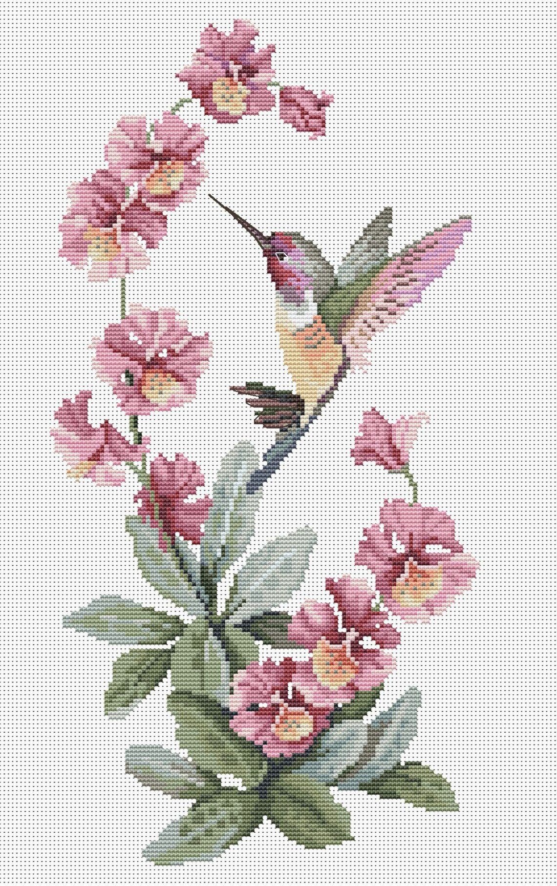 Hummingbird Floral Cross Stitch Pattern, Pink Botanical Embroidery ...