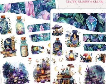 Whimsy Enchanted Mystical Gemstone Crystal, Magic Potion, Magical Witch Celestial Aesthetic Journal Scrapbook Planner Sticker Sheet