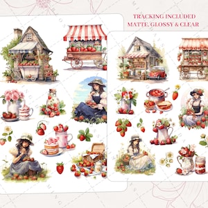 Kawaii Vintage Cottagecore Strawberry Field, Dessert, House, Cart Decorative, Manga Aesthetic Journal Scrapbook Planner Sticker Sheet Active
