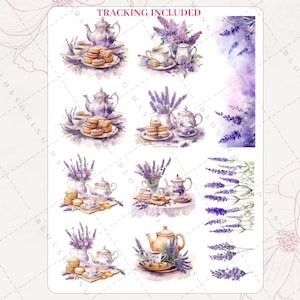 May include: Eight watercolor illustrations of teacups, teapots, and lavender flowers. The illustrations are on a white background and are perfect for scrapbooking, card making, or other crafting projects.