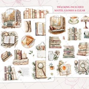 May include: A set of 24 watercolor stickers featuring a cozy reading nook theme. The stickers include images of books, a cup of tea, a pie, a magnifying glass, and more. The stickers are perfect for adding a touch of whimsy to your planner, journal, or scrapbook.