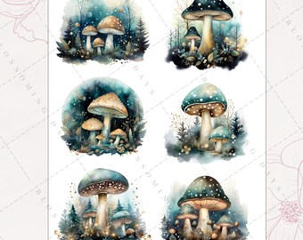 Mystical Enchanted Forest, Mushroom Fields, Moonlight, Moonlit, Magical Decorative Aesthetic Journal Scrapbook Planner Sticker Sheet