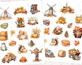 Autumn Harvest Thanksgiving, Fall Leaves Pumpkin Windmill Scarecrow, Truck Wine Decorative Aesthetic Journal Scrapbook Planner Sticker Sheet