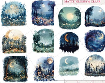 Enchanted Forest SceneFrames, Whimsical, Mystical, Magical, Moon, Floral, Decorative Aesthetic Journal Scrapbook Planner Sticker Sheet