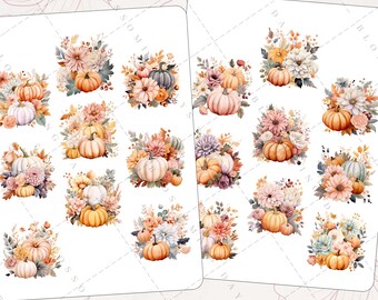 Pretty Autumn Boho Shabby Chic Harvest Thanksgiving, Fall Leaves, Pumpkins, Decorative Aesthetic Journal Scrapbook Planner Sticker Sheet