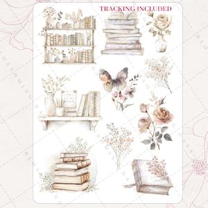 May include: A set of watercolor stickers featuring a bookshelf, stacks of books, a butterfly, flowers, and a vase. The stickers are perfect for adding a touch of whimsy and charm to your planner, journal, or scrapbook.